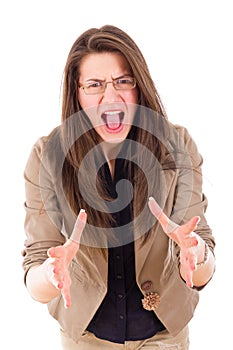 Stressed woman with glasses shouting in frustration