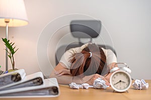 Stressed woman having Tired and Sleepy while working, female businesswoman having headache at office, Exhausted woman with