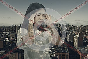 Stressed woman holding head with hands on abstract city background. Double exposure. Virus alert, coronavirus pandemic.