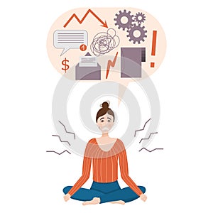 A stressed woman. A tired, work-worn girl in a cartoon style is isolated on a white background. The concept of stress, icons and a