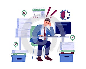 Stressed worker. Burnout character worried about deadline. Frustrated and anxiety employee. Hard work in office, busy