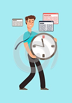 Stressed worker holding clock with running out time. Deadline vector concept