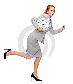 Stressed young businesswoman with clock running