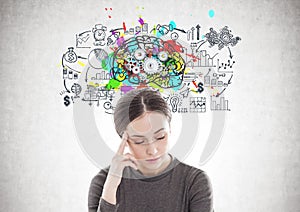 Stressed young woman in brown, cog brain