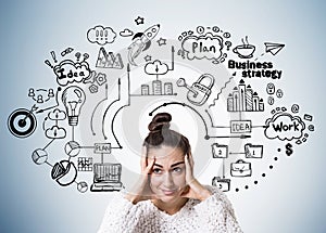 Stressed young woman with a bun, business plan