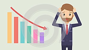 Stressful businessman with graph falling down