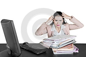 Stressful businesswoman having excessive work