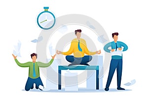 Stressful situation of the office, the staff running around, solve problems, meditate. Flat 2D character. Concept for web design