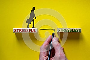 Stressful or stressless symbol. Blocks with words stressful, stressless. Yellow background. Businessman hand, businessman icon.