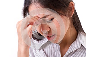 Stressful woman suffers from headache, migraine