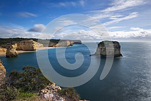 Stretch of the Algarve coastline and beaches from the Ponta do Altar promontory in Ferragudo, Algarve, Portugal