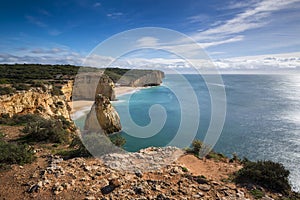 Stretch of the Algarve coastline and beaches from the Ponta do Altar promontory in Ferragudo, Algarve, Portugal