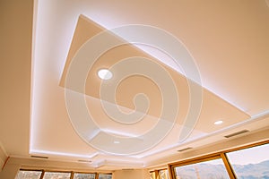 Stretch ceiling film. The design of the apartment. Renovated apa