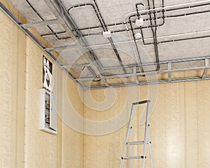 Stretch ceilings profile frames with electrical wiring on ceiling, photo