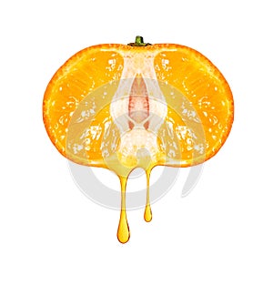 Stretched drops of juice leaking from sliced tangerine close up isolated on a white background