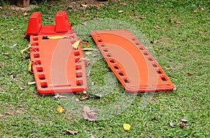 Stretcher two for emergency paramedic service medical equipment on lawn background