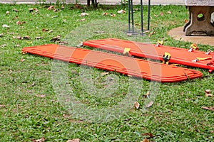 Stretcher two for emergency paramedic service medical equipment on lawn background