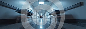 Stretchers Lined up in an Empty Hospital Hallway With Blurred Walls and Floor photo