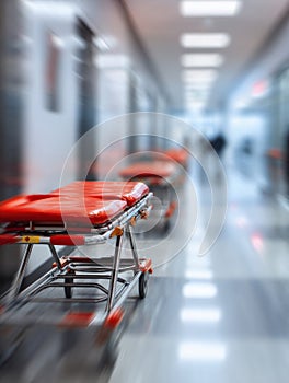 Stretchers Lined up in a Vacant Hospital Hallway With a Blurred Background at Midday photo