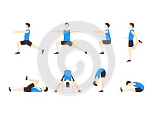 Stretching Exercise Set with Man Flat. Vector