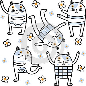 Stretching funny cats childish. Color kitties with flowers on white background. Sportish animal character. Vector set elements.