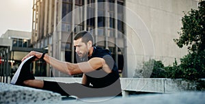 Stretching legs, exercise and man in city for warm up, cardio workout or endurance training. Outdoor, sports and athlete