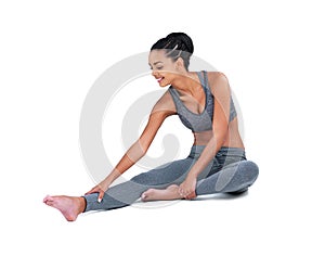 Stretching, legs and woman warm up in studio, white background and fitness in mockup space. Healthy, exercise and agile