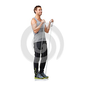 Stretching, man and resistance band for exercise in studio, gym and performance in strong muscles. Sports person, smile