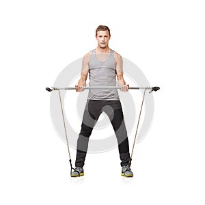 Stretching, man and resistance band with portrait, training and fitness isolated on white studio background. Mockup