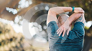 Stretching, outdoor and man in a park with sport warm up and muscle strain from fitness and workout. Exercise problem