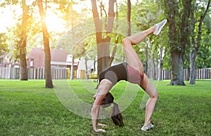 Stretching woman in outdoor exercise smiling happy doing stretch