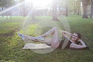 Stretching woman in outdoor exercise smiling happy doing stretch