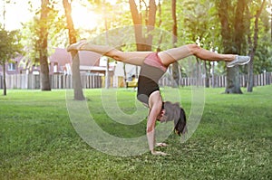 Stretching woman in outdoor exercise smiling happy doing stretch