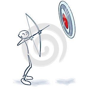 Stick figure aims a target with bow and arrow photo