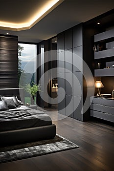 Strict modern bedroom interior design in black and dark gr?y colors. Brutal interior for a young successful man, a bachelor.