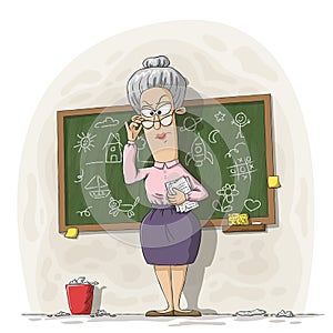 Strict Teacher in Front of a Blackboard