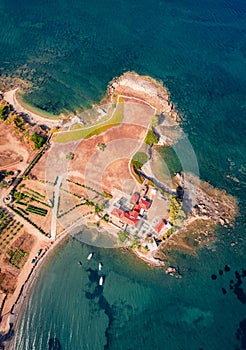 Stright down view of Xifias port, Greece, Europe.