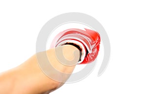 Strike hand in glove. Red Boxing gloves. Two gloves sports. Isolated on a white background