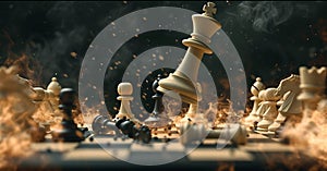 Striking 3D chess game, intense battle scene for victory