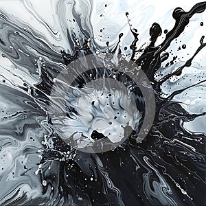 Striking abstract art: dynamic splash effect, hyper-realistic liquid details, black and white