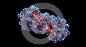 Abstract tech background with red and blue glowing particles forming wavy lines on dark backdrop