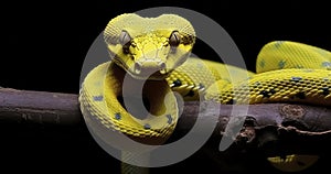 The Striking Appearance of a Yellow White-Lipped Pit Viper Close-Up on a Dark Backdrop