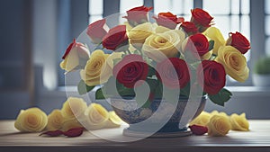 Striking Arrangement Of Vivid Red And Creamy Yellow Roses In A Classic Blue And White Ceramic Bowl