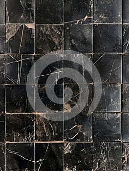 A striking backdrop of fragmented and cracked black tiles, creating an abstract and industrial-inspired visual with a