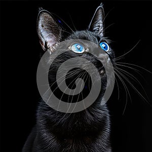 Striking black cat with blue eyes, high detail portrait on dark background, sony a1 85mm f8 photo