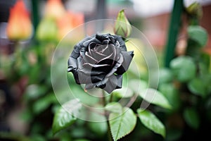 a striking black rose amidst a plethora of greenery