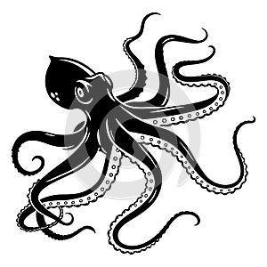 Detailed black octopus silhouette with wavy tentacles silhouette