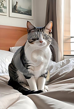 A striking black and white cat sits regally on rumpled white bedding, its alert eyes focused intently on something off-camera. photo