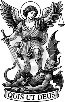 St Michael the Archangel illustration defeating the devil.
