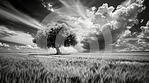 This striking black and white image shows a solitary tree in the vast wheat fields of La Mancha, Castilla la Mancha photo